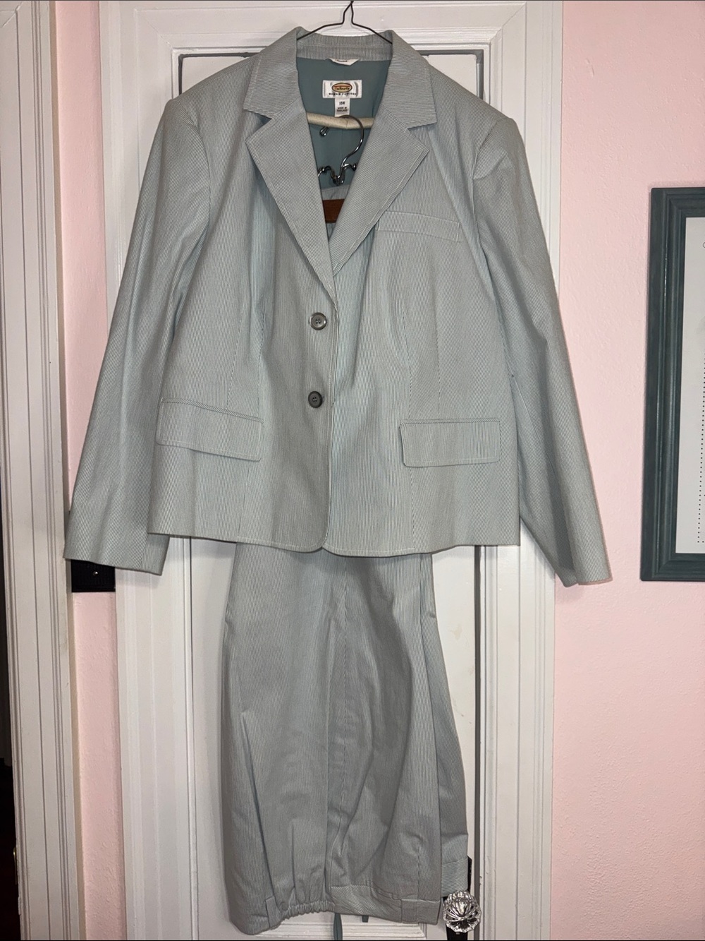 Light Blue Striped Women's Two-Piece Suit Jacket & Pants